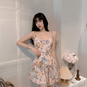 Suspender sexy floral fashion high waist Pleated Dress