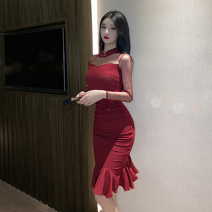 Red cheongsam dress with gathered waist and ruffle