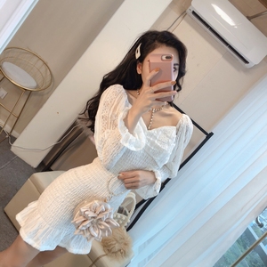 Long sleeve Square Neck Lace slim fit Ruffle hem Hip Wrap bubble sleeve fashion sexy dress for women