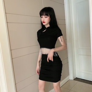 Retro improved cheongsam short sleeved short top + waist bag hip short skirt suit two-piece set for women