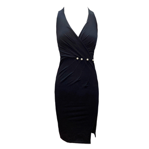Sleeveless hanging neck open back waist slit small black dress annual meeting fashion sexy dress