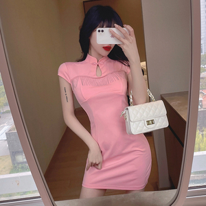 Pink close waist short sleeve Hip Wrap tassel daily cheongsam dress