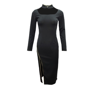 Long sleeve modified retro daily cheongsam waist closing sexy slit long dress