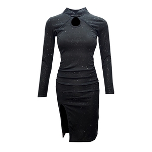 Long sleeved modified Vintage Black BLING shiny waist bag hip slit dress women