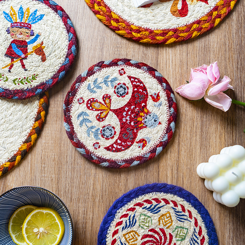 创意手工编织杯垫餐桌隔热垫耐高温锅垫美式餐垫家用棉麻垫子圆形