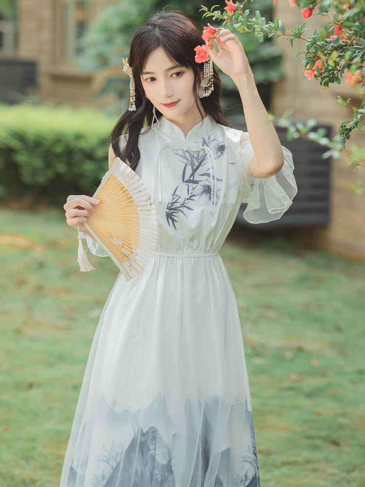 改良国风汉元素新中式女装汉服女中国风可以上班穿的露肩连衣裙夏