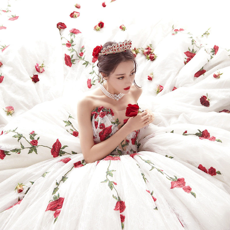 迪丽热巴同款婚纱礼服2021新款新娘气质抹胸拖尾高端奢华超仙主纱