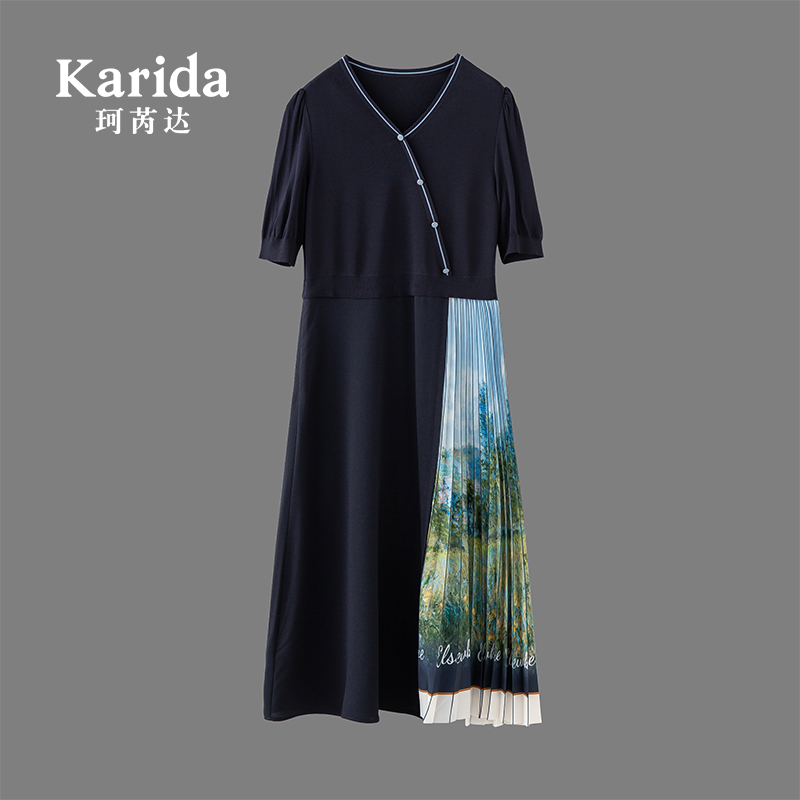 大洪洪自营店Karida【云端花海】V领针织拼印花百褶连衣裙