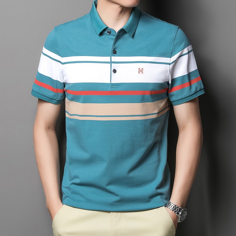 男装大叔中年人短袖t恤体血nan带领子上衣有兜口袋polo衫条纹汗杉