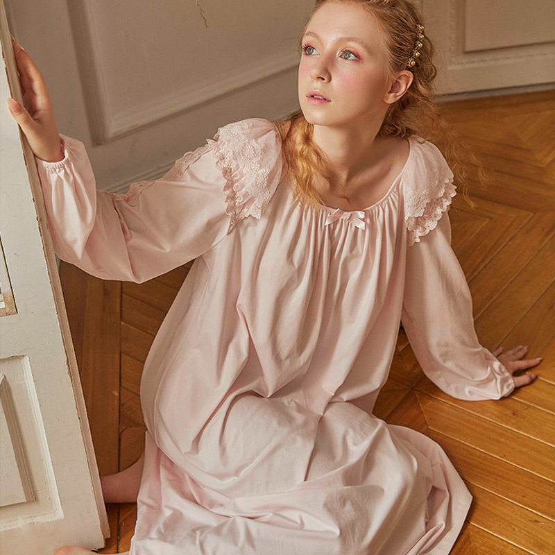 尘熙法国复古宫廷风仙女长袖睡裙少女长裙过膝白公主睡衣纯棉春秋