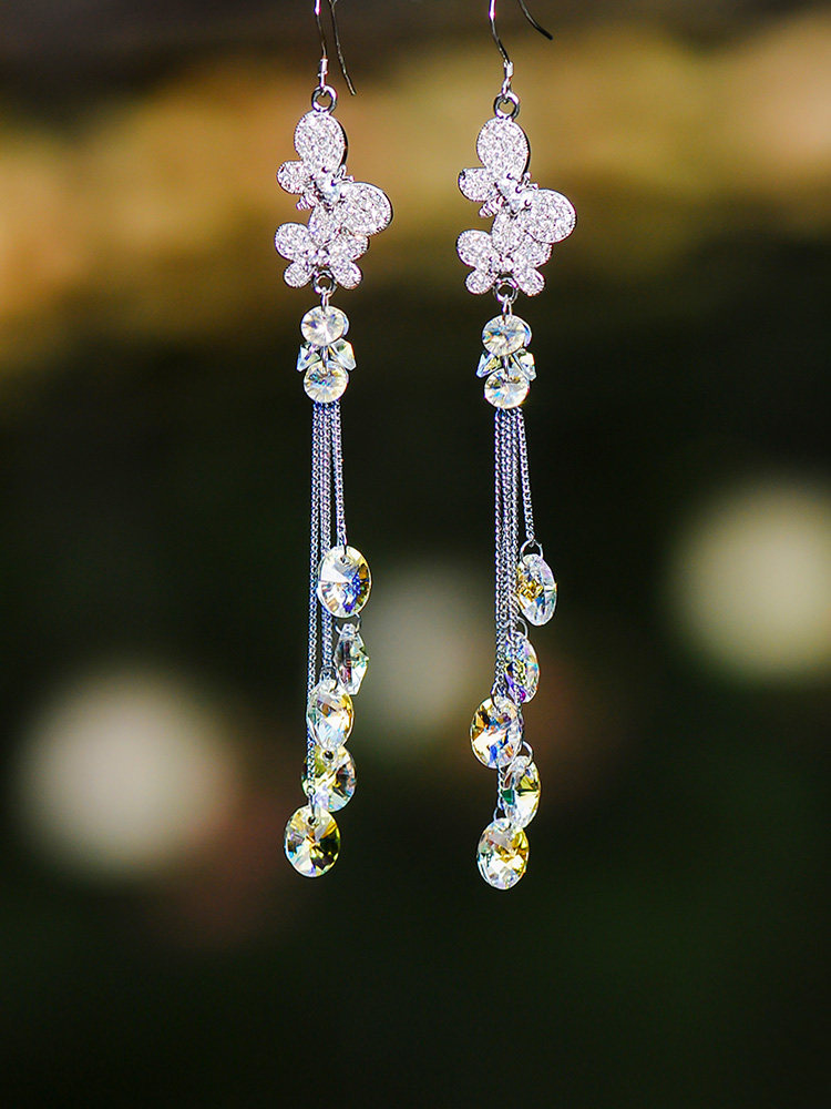 忆奴娇倒影年华 925纯银饰品水晶耳环 长款水滴流苏耳坠气质耳饰