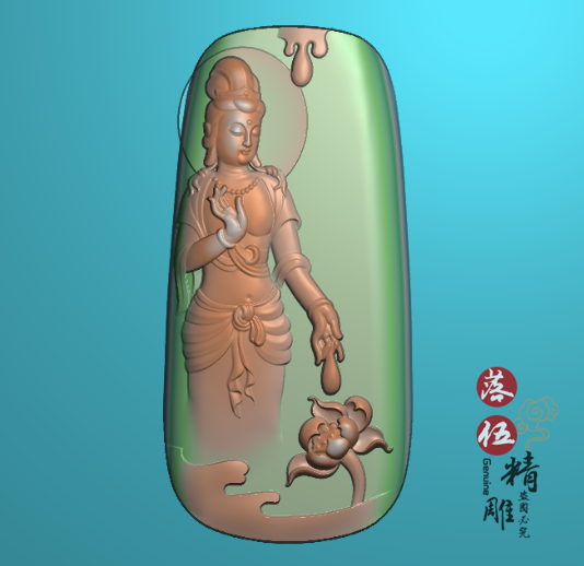 站观音8754荷花电脑雕刻翡翠玉雕图滴水莲花观音牌 精雕图 灰度图