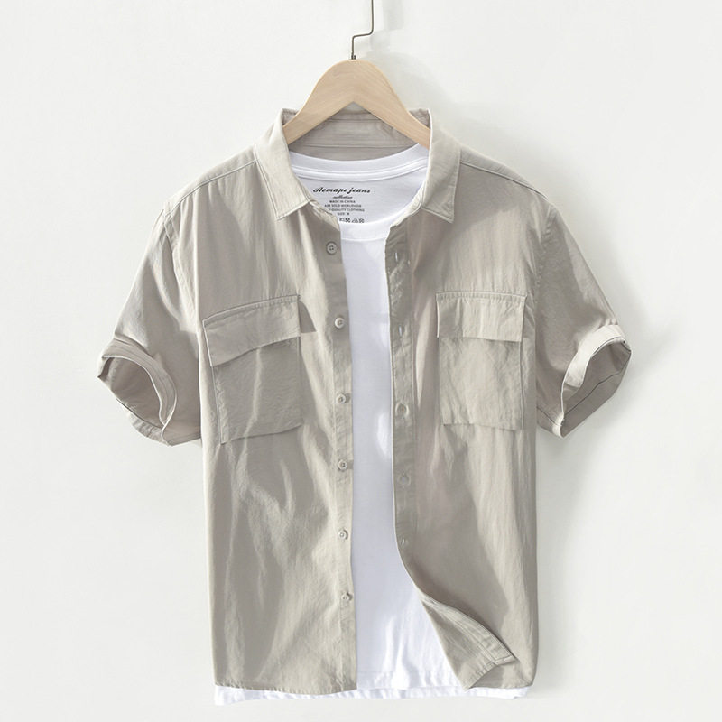 夏天新款日系复古男士纯棉休闲短袖衬衫纯色青年口袋个性流行衬衣