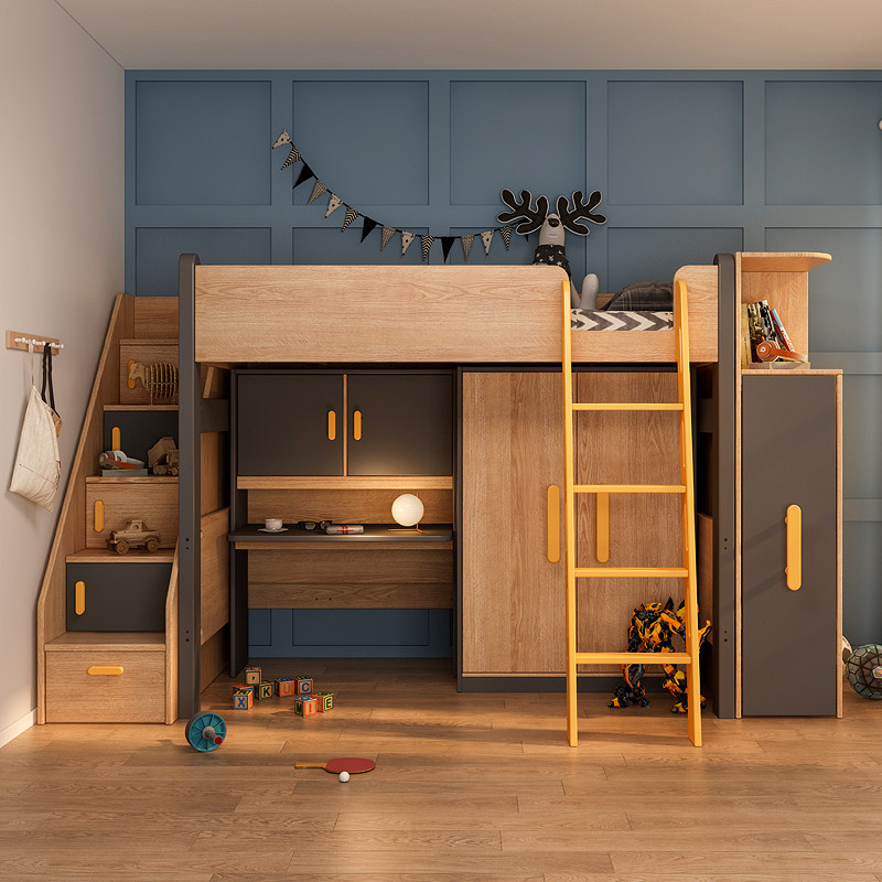酷漫居儿童上下铺床男孩高低床带书桌多功能双层床两层上下床衣柜