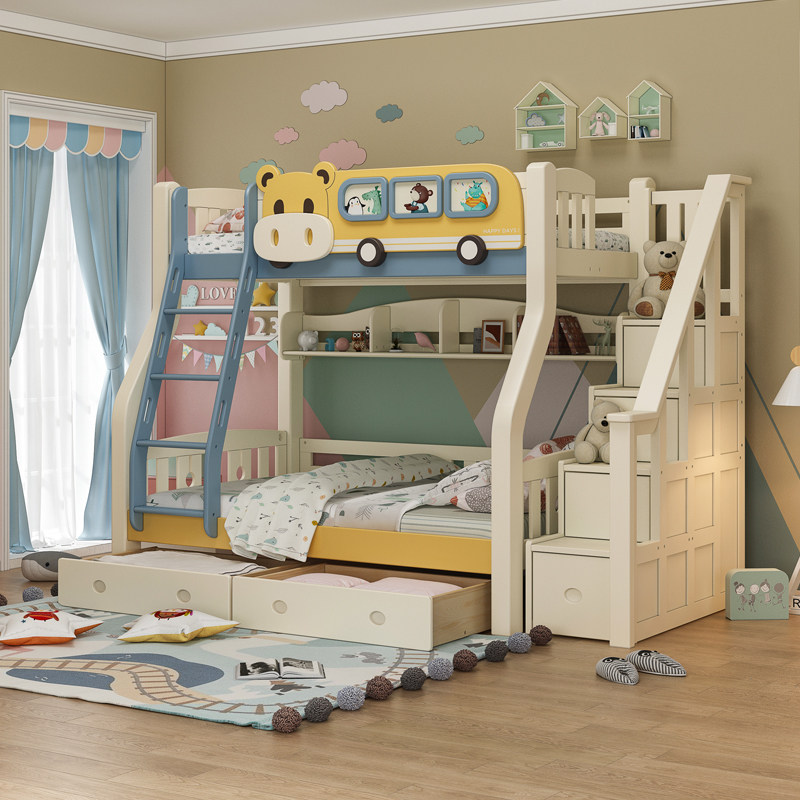 酷漫居全实木高低床母子床儿童床上下床双层木床上下铺交错式组合