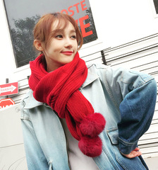 纯色毛线围巾女士冬季可爱韩国加厚针织兔毛带球球学生围脖大红色