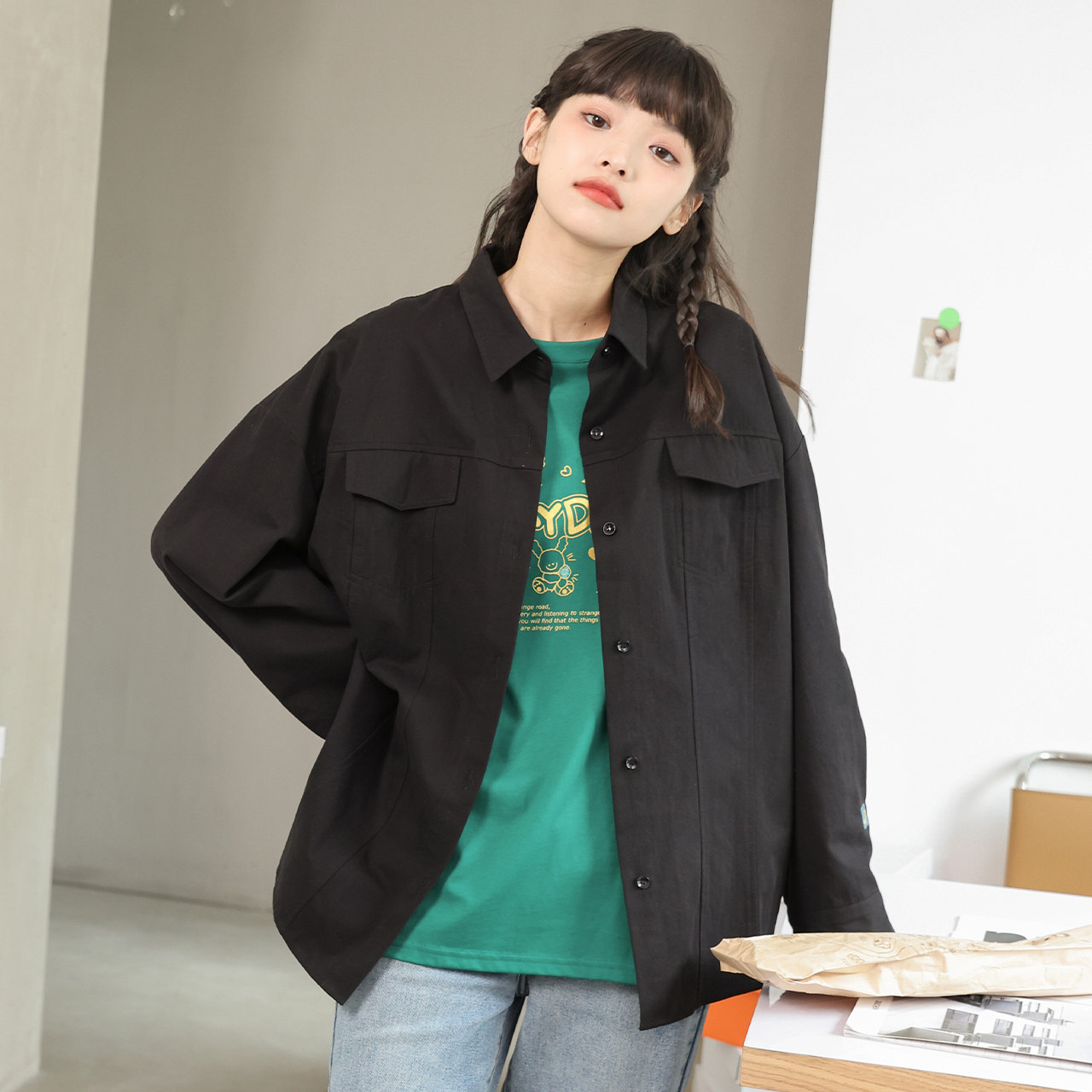 尔给新款长袖美式复古vintage酷盐系高街秋季外套女oversize工装