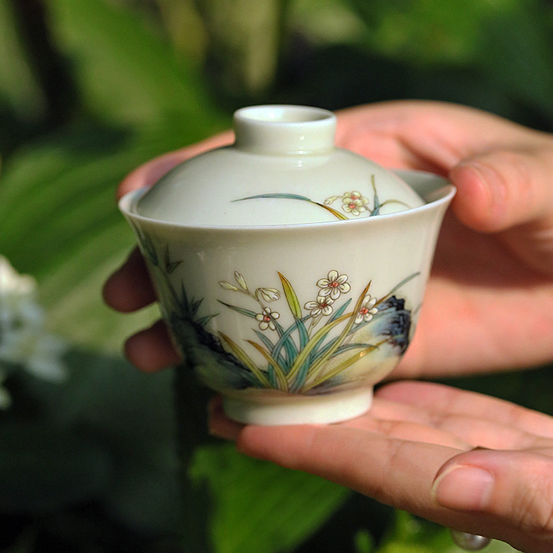 手绘兰石复古文人盖碗灰泥新彩雅致薄胎瓷手工茶器茶具礼盒景德镇