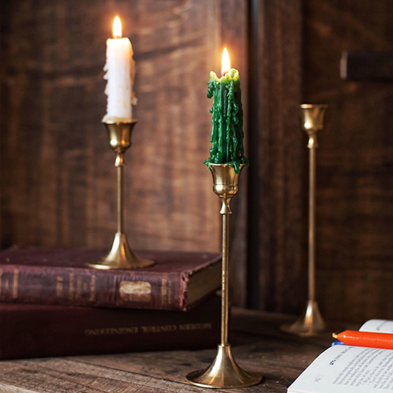 jk慕空间美式复古烛台长杆黄铜蜡烛托台浪漫古董拍摄道具蜡烛摆件