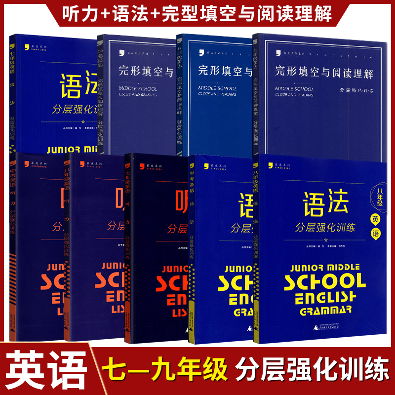 蓝皮系列七八九年级中考英语语法+听力+完形填空与阅读理解分层强化训练3本初中初三9/九年级英语教辅书全国通用版英语专项训练