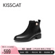 KISSCAT接吻猫冬季复古真皮短靴绒面瘦瘦靴粗跟加绒时尚时装靴女