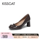 KISSCAT接吻猫秋季新款方头高跟鞋通勤粗跟鞋简约时装浅口单鞋女