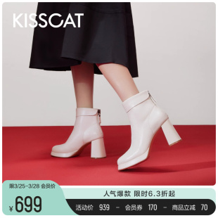 KISSCAT接吻猫2023年冬季新品时尚粗跟加绒短靴时尚增高时装靴女