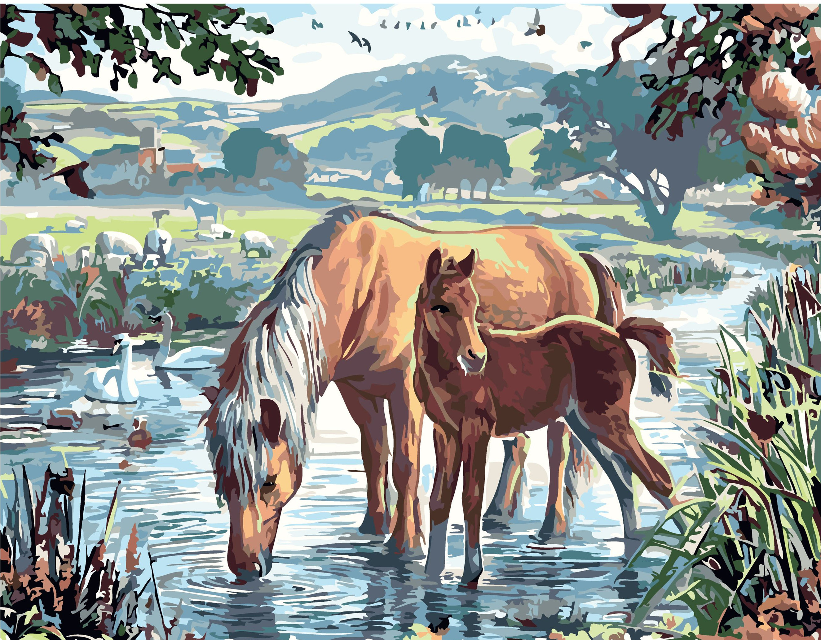 数字油画diy 草原飞鸟绵羊天鹅亲情马世外家园风景淡彩填色手绘画