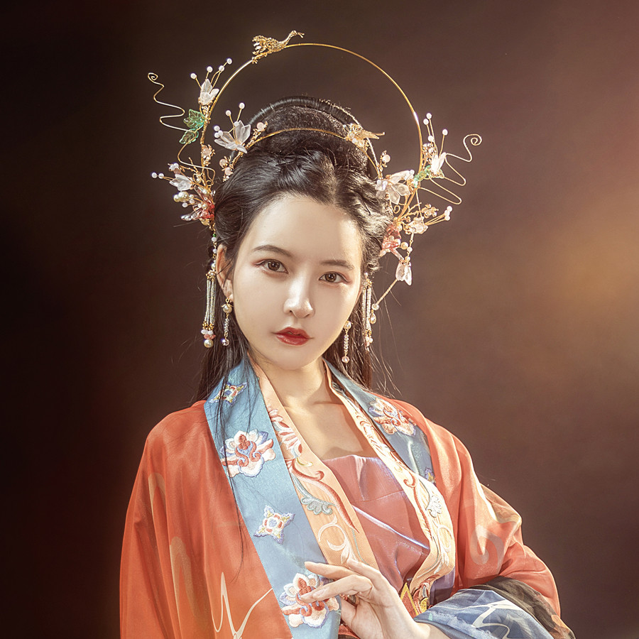 汉服婚服发冠古装百搭汉服发箍古风头饰粉色琉璃圣母花冠清新仙美