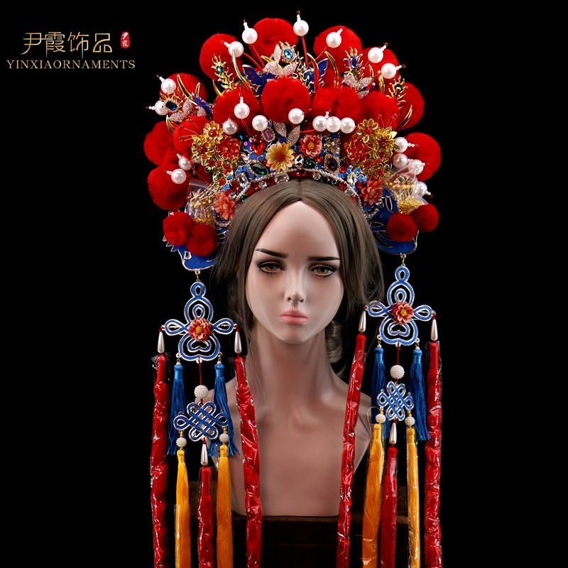 尹霞饰品中式手工凤冠秀禾头饰古装红色景泰蓝夸张走秀奢华大气