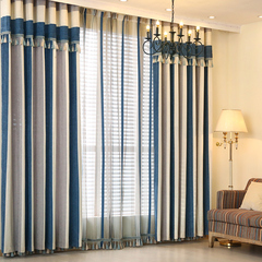 现代地中海宜家双面条纹窗帘高档雪尼尔绒布客厅卧室成品加厚包邮