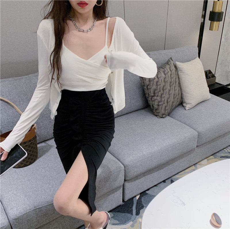 实拍 实价带胸贴小吊带背心 修身长袖开衫 抽绳开叉包臀半身裙