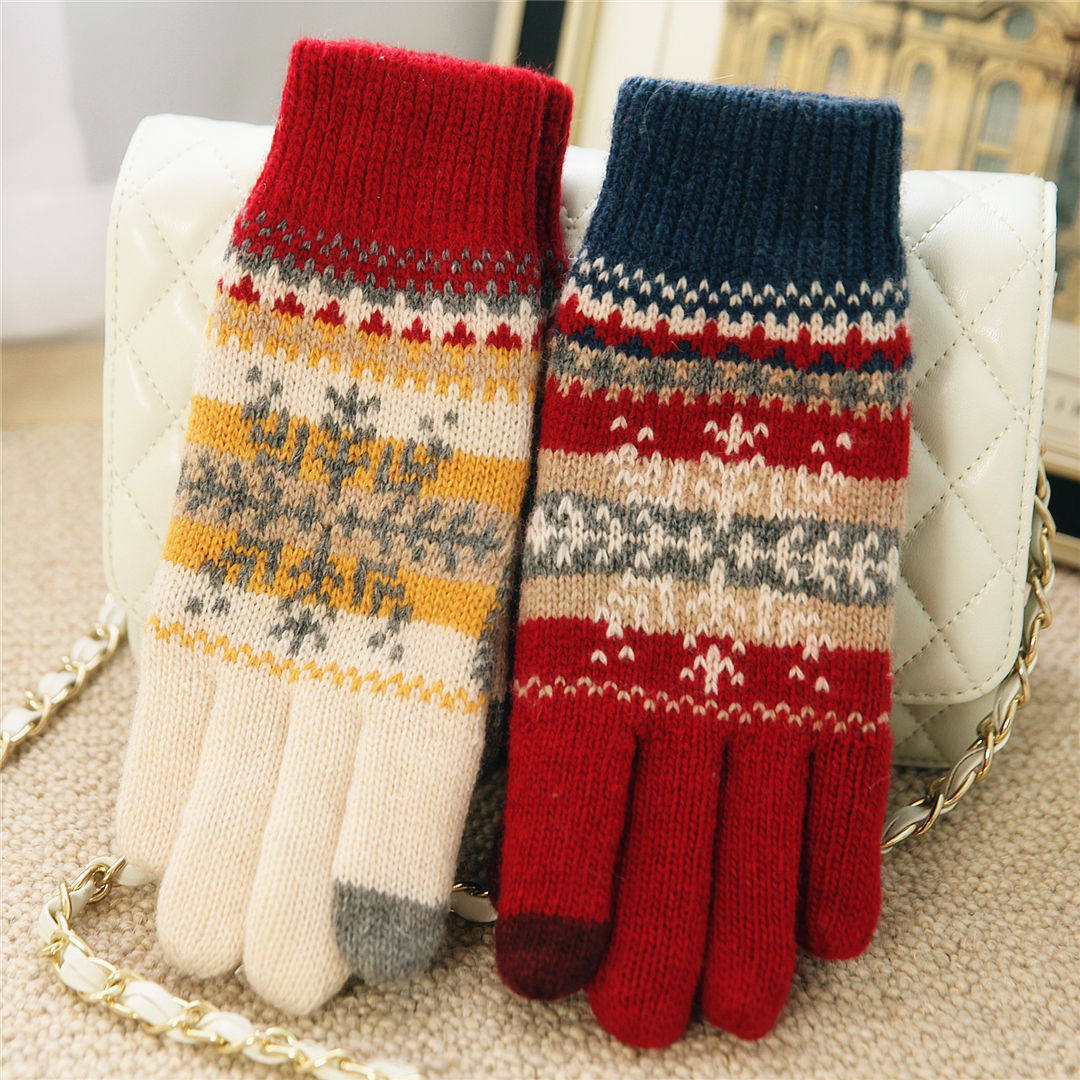 冬天新款羊毛手套雪花加绒内胆保暖触屏手套毛线手套男女情侣手套