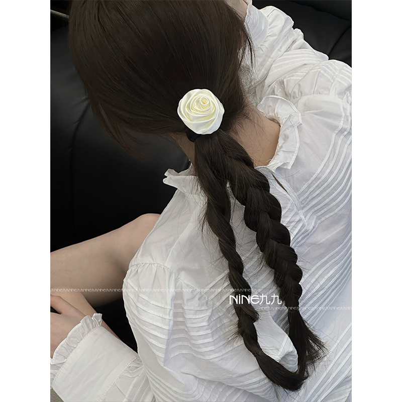 NINE九丨韩系温柔山茶花发夹女气质侧马尾绑发圈可爱甜妹白色花朵