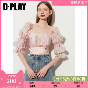 DPLAY2024夏季法式泡泡袖上衣粉色方领上衣蝴蝶结短款上衣衬衣