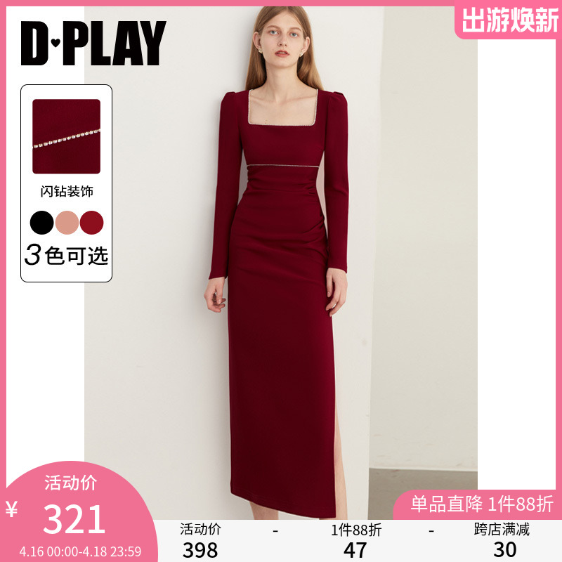 DPLAY初春连衣裙复古红色连衣裙闪钻礼服裙订婚礼服敬酒服回门服