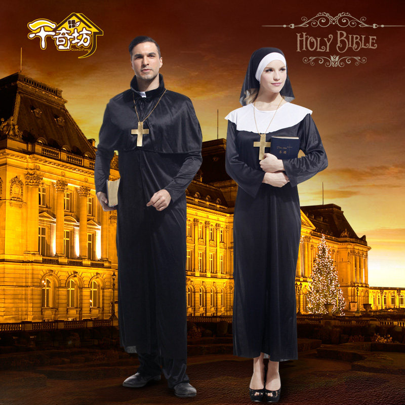 万圣节成人牧师袍教士服装修士修女套装神父服装教父传教士修女服