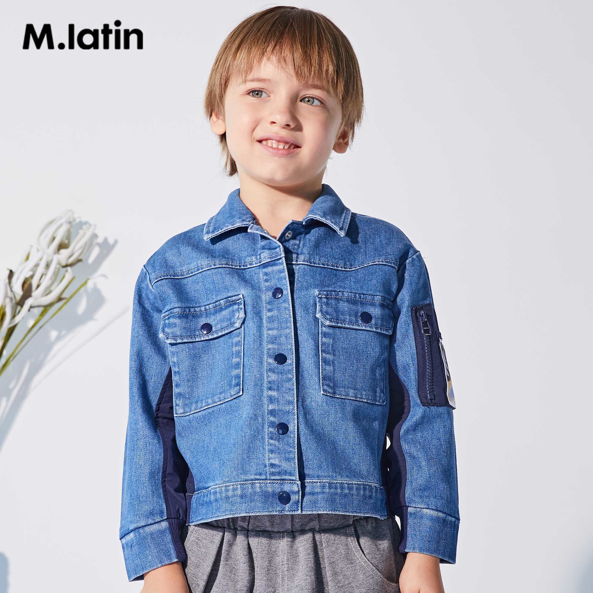 商场同款马拉丁童装男大童牛仔外套2021春装新款撞色拼布牛仔衣