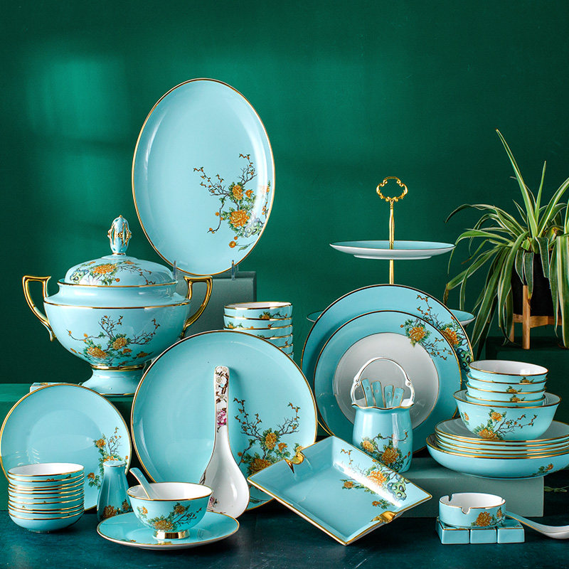 家用景德镇86头中式 碗碟套装 骨瓷高档轻奢餐具碗盘碟勺陶瓷器组合