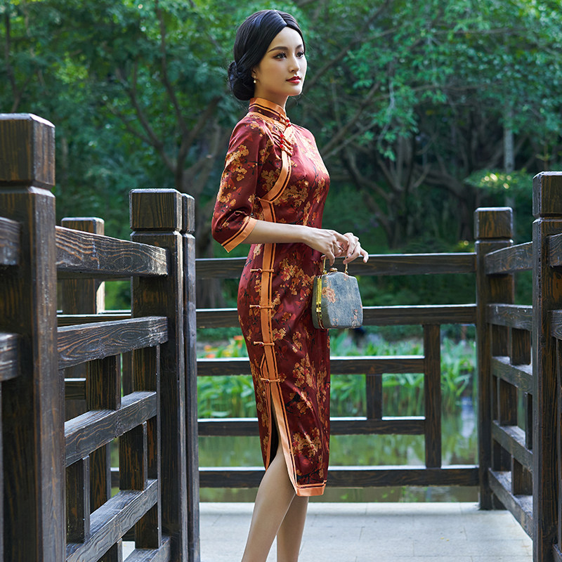 {锦绣前程}重磅真丝桑蚕丝旗袍气质优雅秋季妈妈连衣裙复古中长款