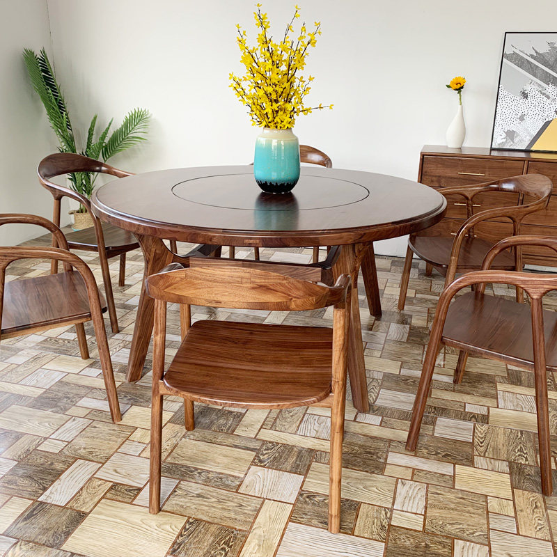 北欧圆桌组合黑胡桃实木吃饭桌子现代简约客厅带转盘圆形餐桌椅子