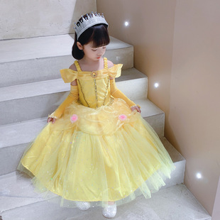 美女与野兽女童贝儿公主裙儿童黄色吊带连衣裙贝尔cosplay礼服裙