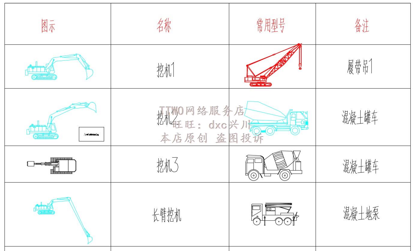 工程常用机械设备CAD图 含塔吊、挖机、罐车、天泵、履带吊可编辑