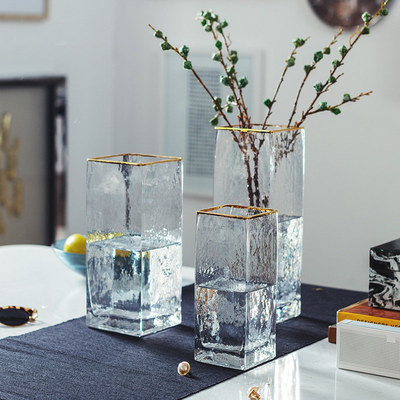 奇居良品 现代轻奢软装装饰品摆件创意金边玻璃透明花器插花花瓶