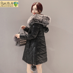 pu皮棉衣女中长款2016新款冬装韩版时尚显瘦A字型连帽皮棉服外套