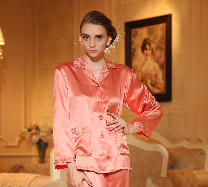 1断清仓真丝睡衣女两件套19姆重磅丝绸l码 长分袖玫红色蚕丝中年