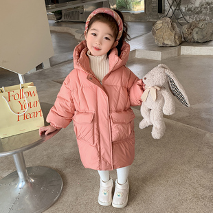 女童长款羽绒服冬款2023新款女宝宝时髦洋气儿童韩版加厚冬装外套