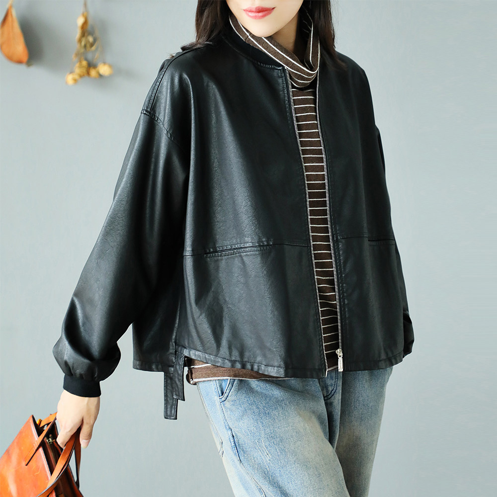 铜扣记2022秋季新款宽松休闲皮衣短外套大码黑色百搭pu棒球服女