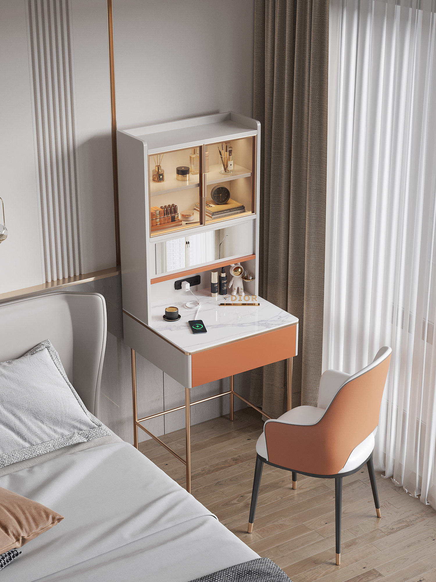 轻奢岩板梳妆台2021年新款小型卧室现代简约化妆桌书桌电脑桌一体