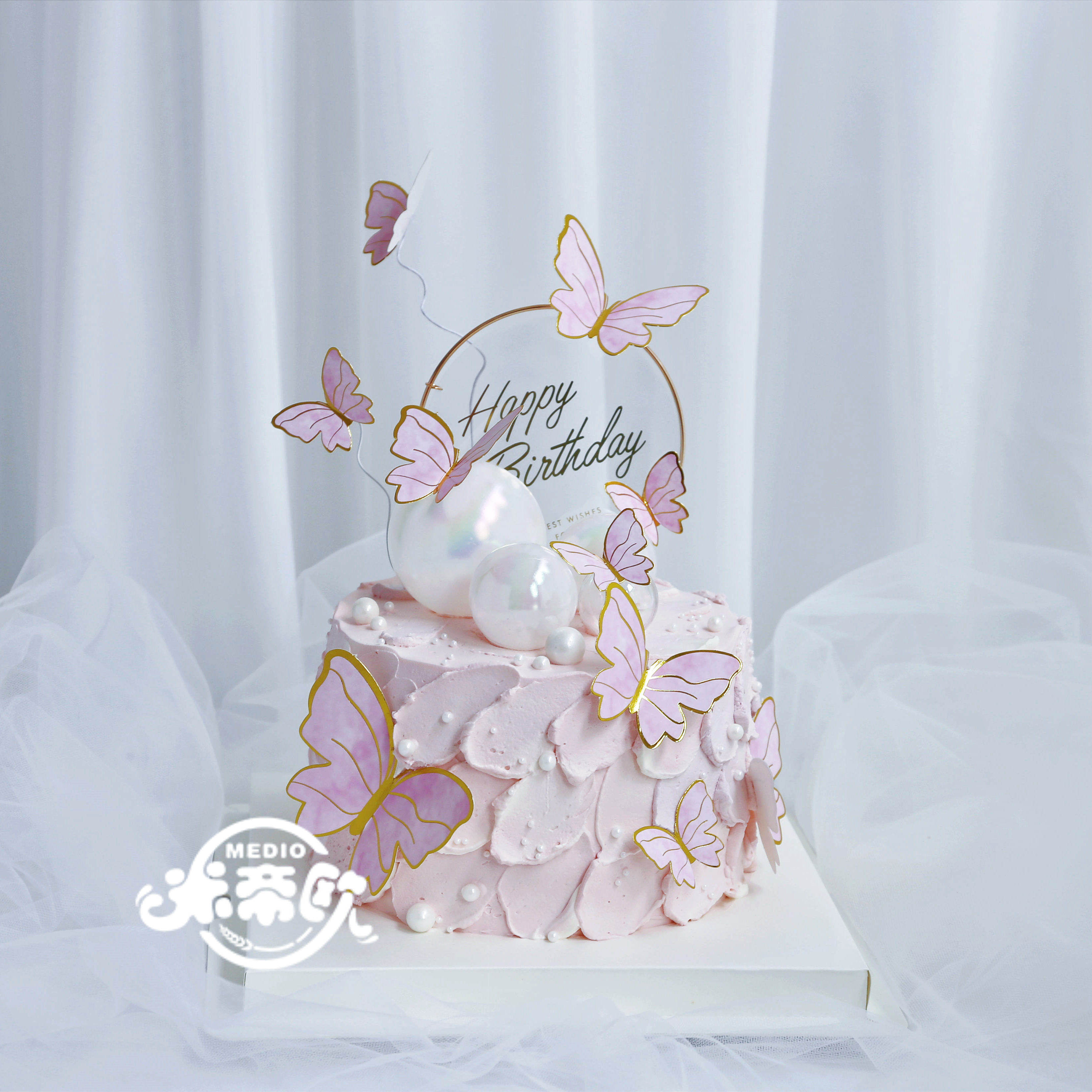 米帝欧粉色浪漫蝴蝶送女神新鲜生日蛋糕动物奶油北京同城配送